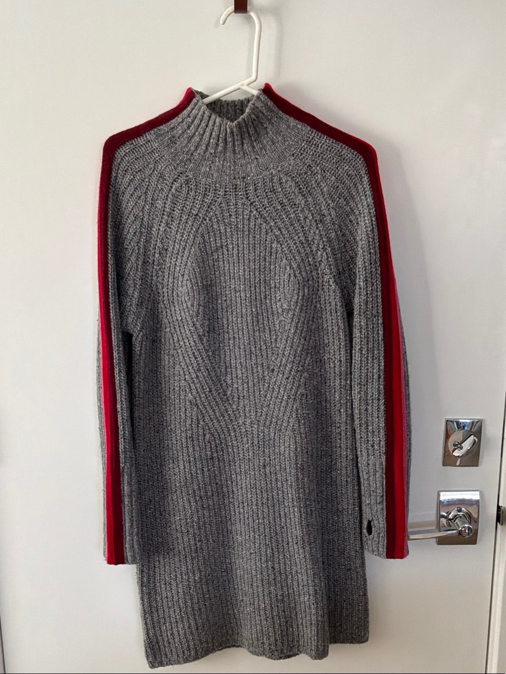 Krimson Klover Gray Sweater Dress with Red Sleeve Stripe